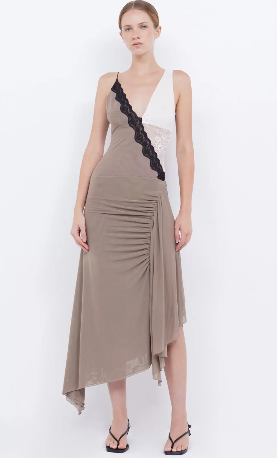 PARTY | Wedding Guest^BEC + BRIDGE ABRIELLE ASYM MIDI DRESS TAUPE/IVORY