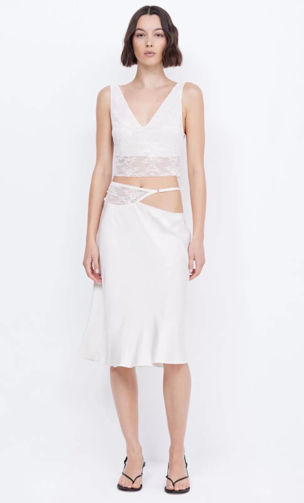 SETS | PARTY^BEC + BRIDGE SANTAL ASYM MIDI SKIRT IVORY